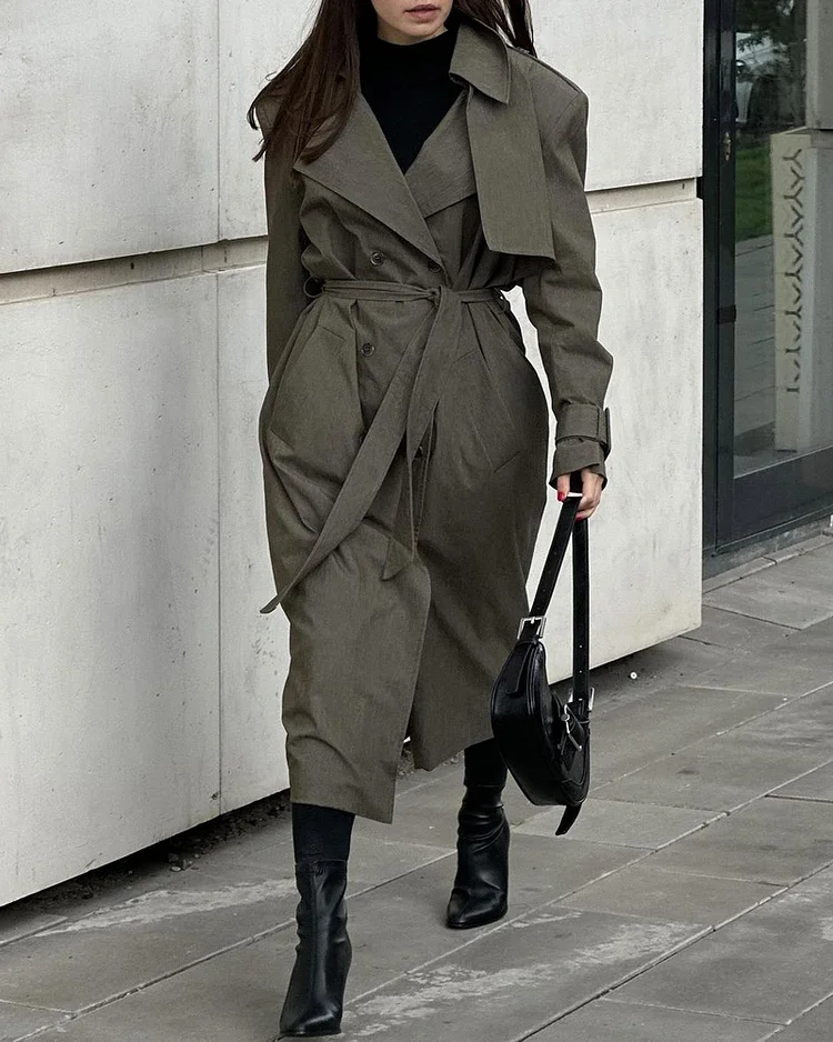 Solid Color Strappy Stylish Windbreaker Coat