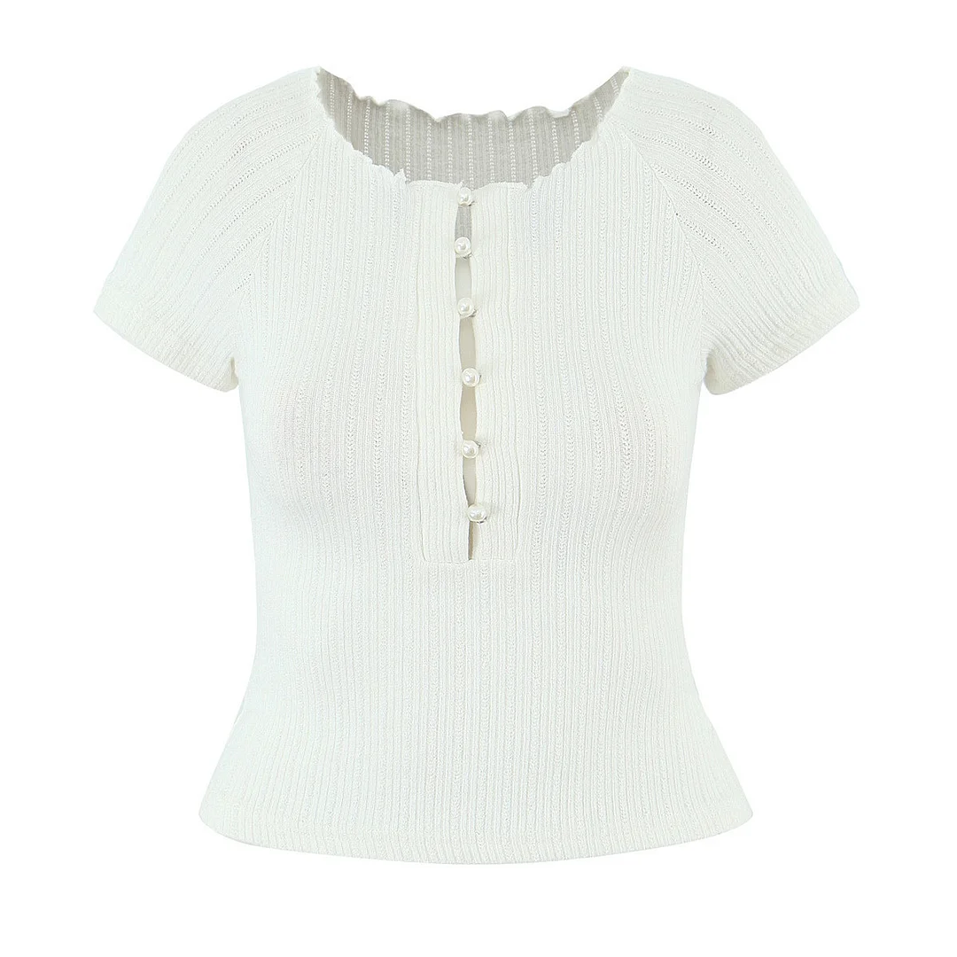 Nigikala Nigikala New Sweet Hottie Style Retro Pearl Henry Collared Shoulder Repair Small Shirt