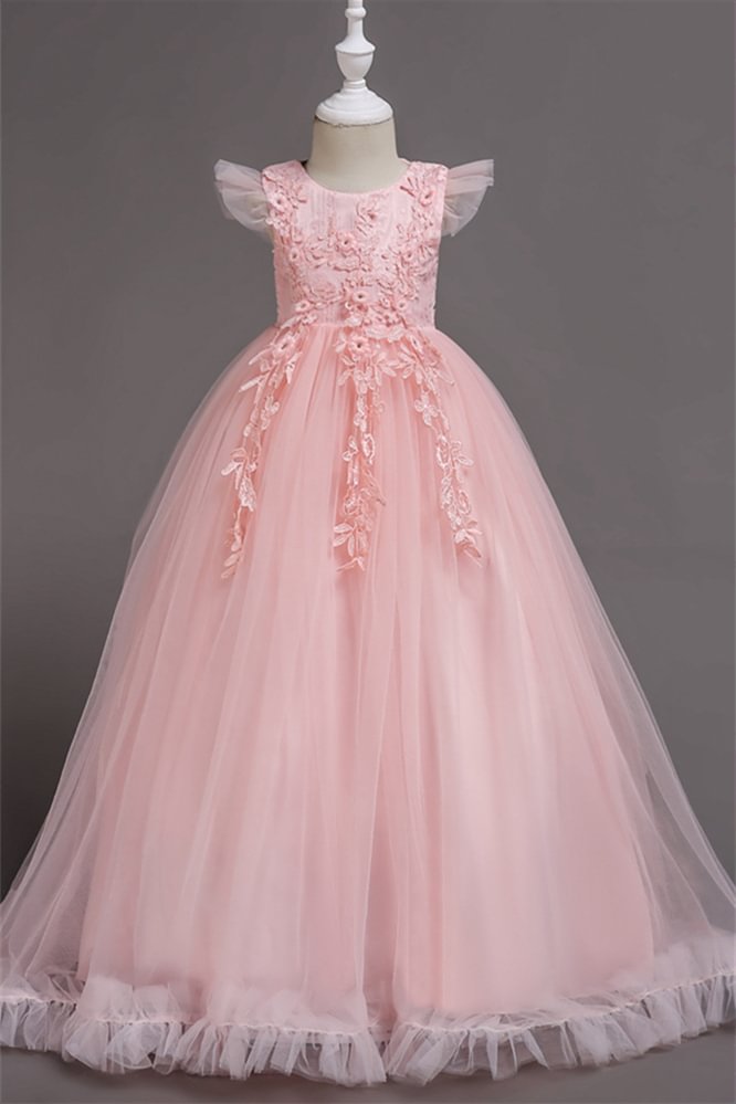 Luluslly Tulle Flower Girl Dress With Applqiues Flowers Zipper Back