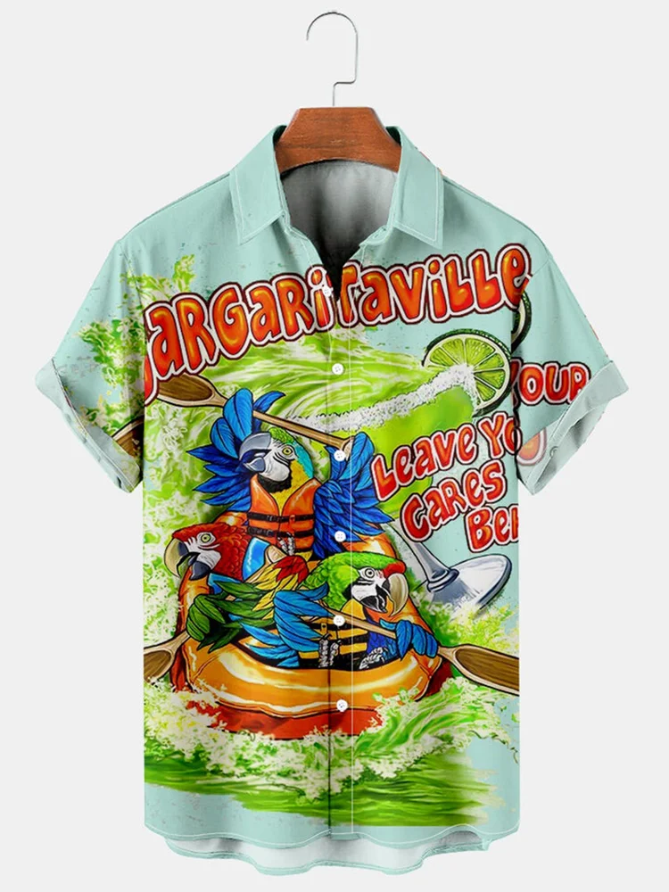 Hawaiian-Inspired Parrot and Wine Glass Print Shirt