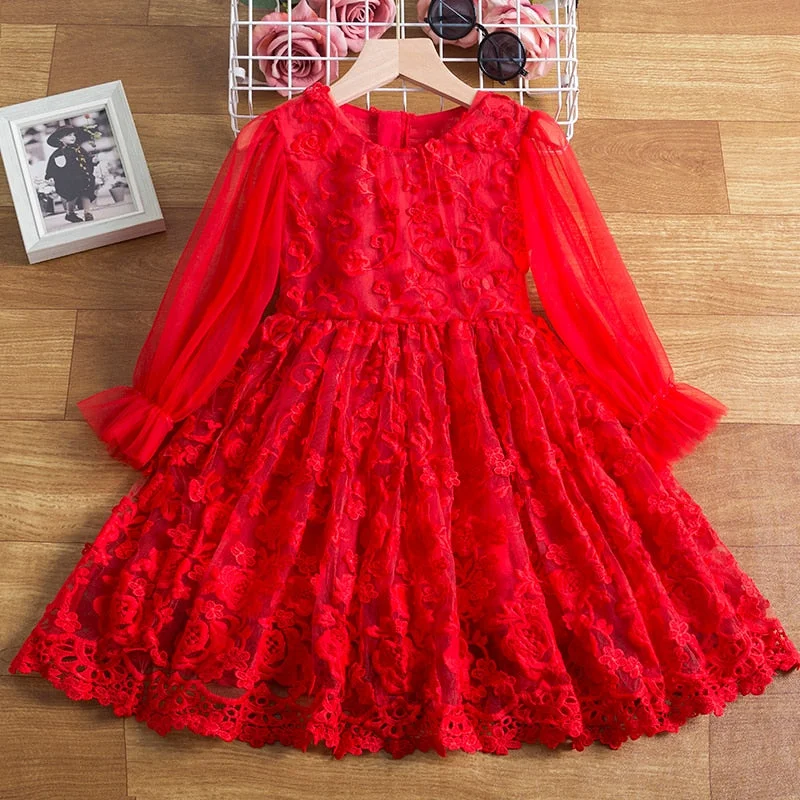 Red White Girls Dresses Long Sleeve Baby Girls Winter Dresses Kids Cotton Lace Clothing Casual Dresses for 2-8 Years Children