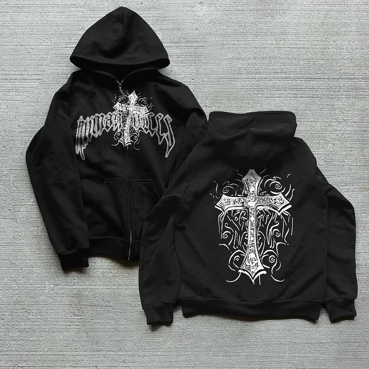 Sopula Gothic Style Cross Graphic Zip-Up Fleece Hoodie