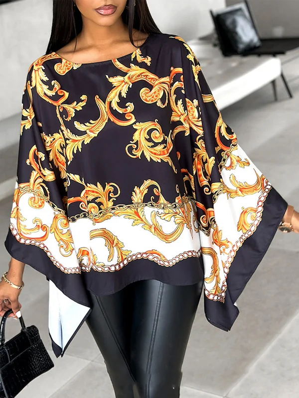 Printed Batwing Sleeves Loose Round-neck Blouses&shirts Tops