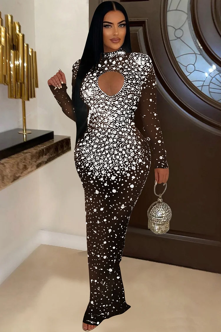 Mesh Rhinestone Cut Out Bodycon Maxi Dress-Black