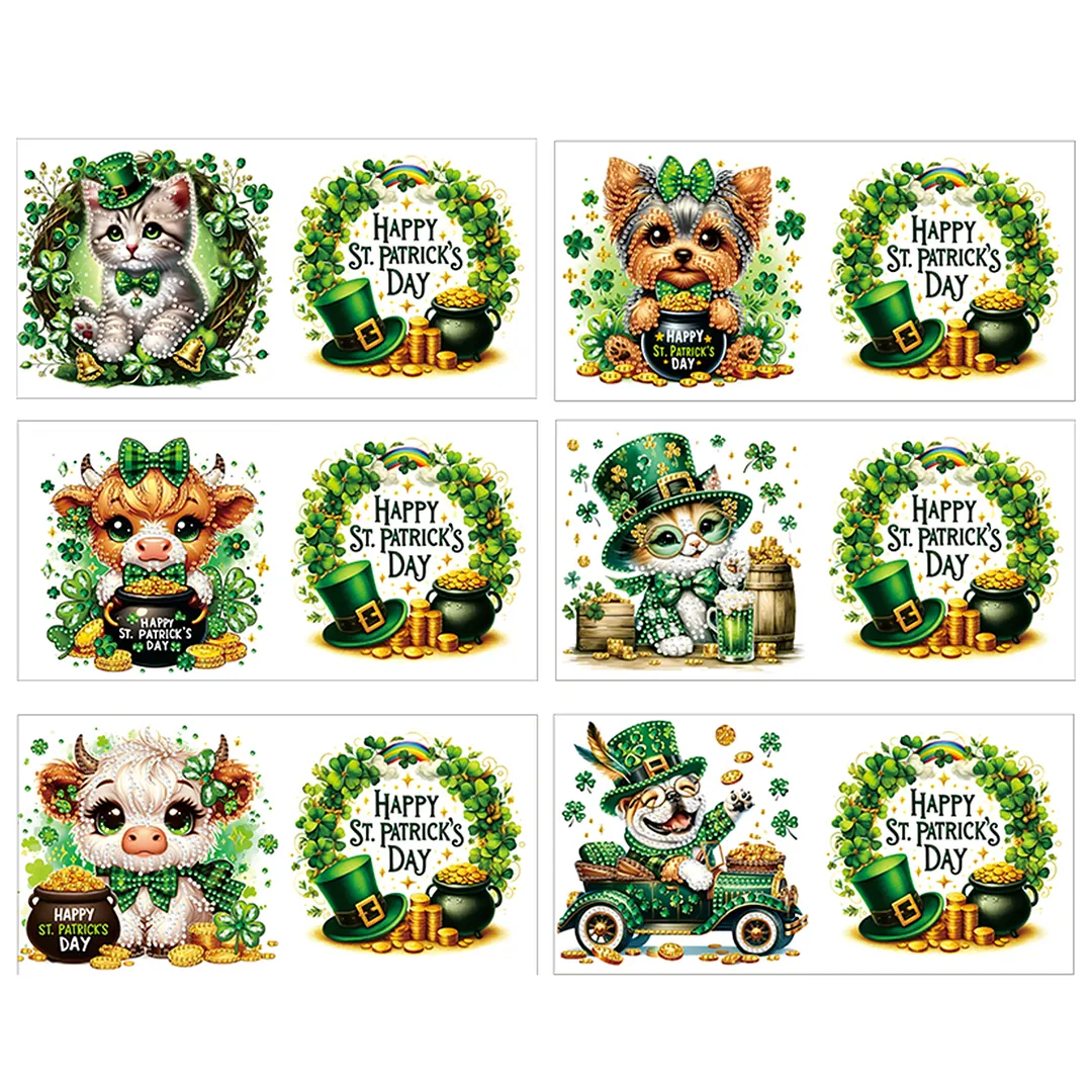 6Pcs St.Patrick Day Animals DIY Diamond Painting Greeting Card Set with Envelopes Diamond Art Handmade Cards for Beginner Adult Holiday Gifts