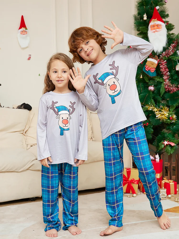 Blue Plaid Moose Cartoon Print Christmas Family Matching Pajamas Sets
