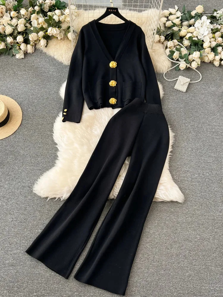 Huiketi Knitted Women Suits Single Breasted Gold Button V Neck Cardigan+Wide Legs Long Pants Autumn Winter Loose Sweater Sets