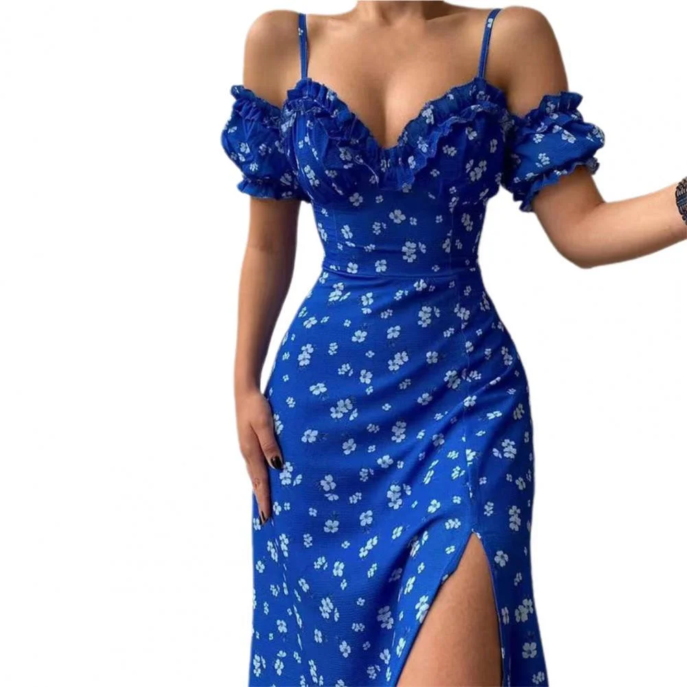 Floarl Maxi Dress  Spaghetti Straps Puff Sleeves Split Hem Lace Collar Midi Dress A-Line Long Princess Dress robe vestido