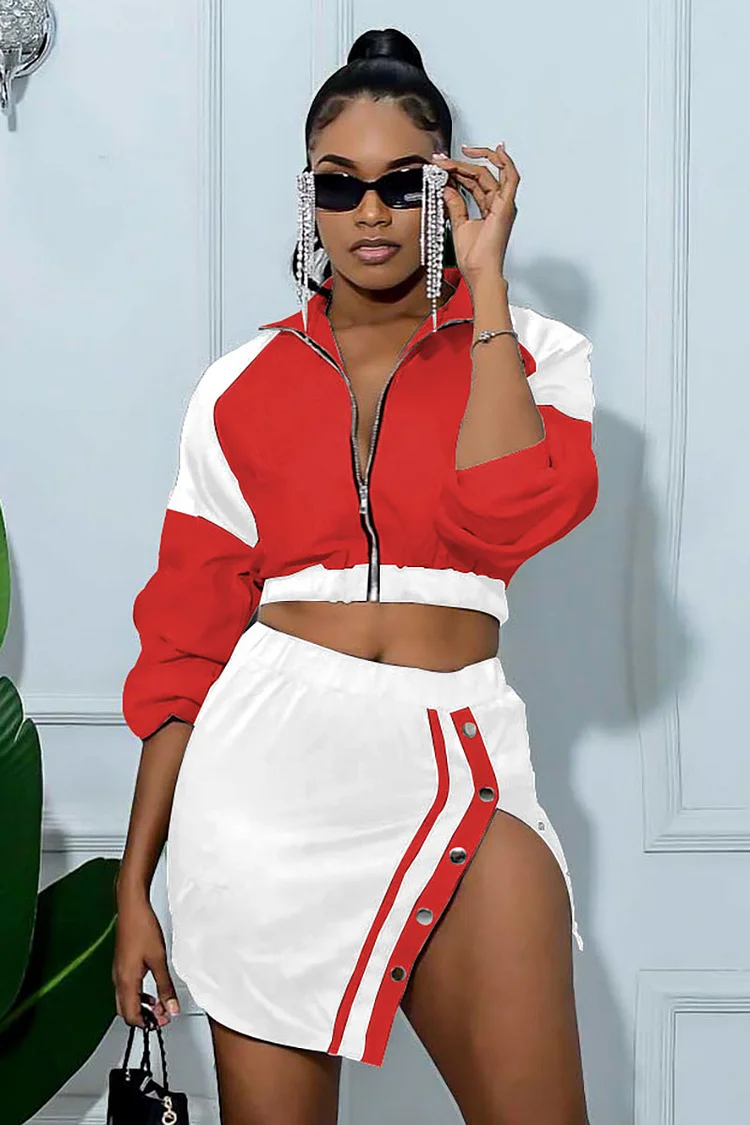 Colorblock Zip Crop Jacket Slit Side Mini Skirt Matching Set-Red