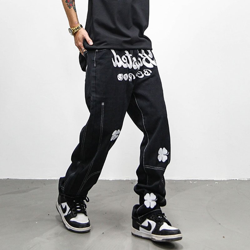High Street Clover Embroidered Streetwear Men's y2K Jeans-VESSFUL