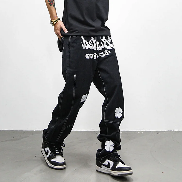 High Street Clover Embroidered Streetwear Men's y2K Jeans at Hiphopee