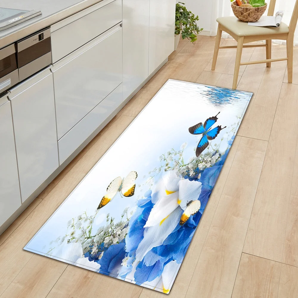 Butterfly Printed Kitchen Mat Hallway Long Carpet Bedroom Doormat Bedside Floor Mat Home Non-slip Water Absorption Bathroom Rugs