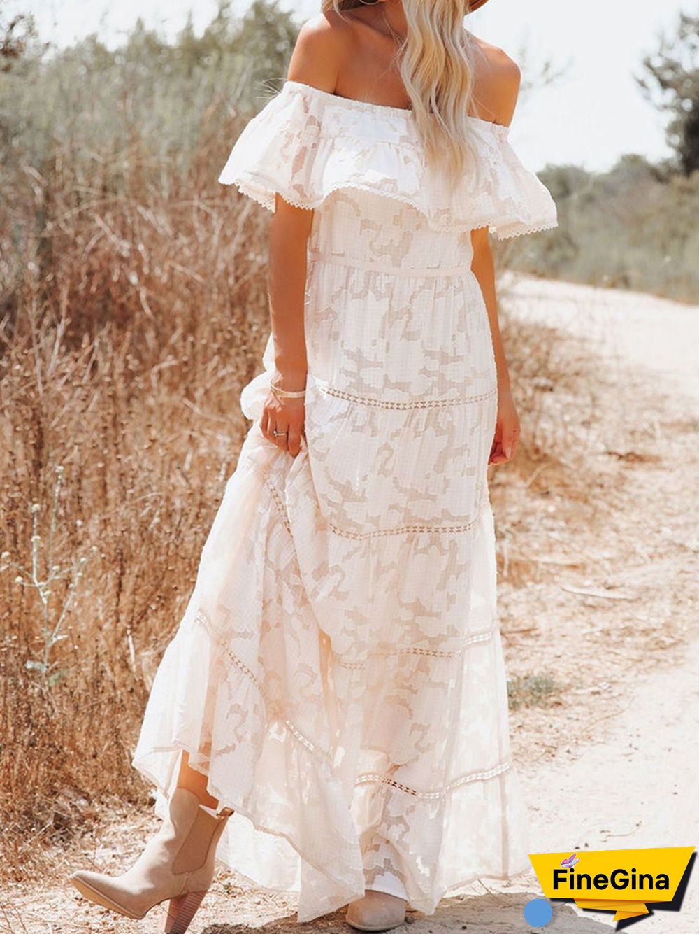 Summer Solid Embroidery Lace Long Dress Elegant Off Shoulder Ruffles High Waist Dress Sexy Slash Neck Backless Chic Beach Dress