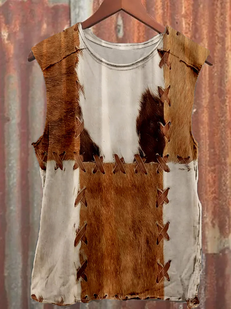 Comstylish Vintage Western Cowhide Pattern Comfy Tank Top