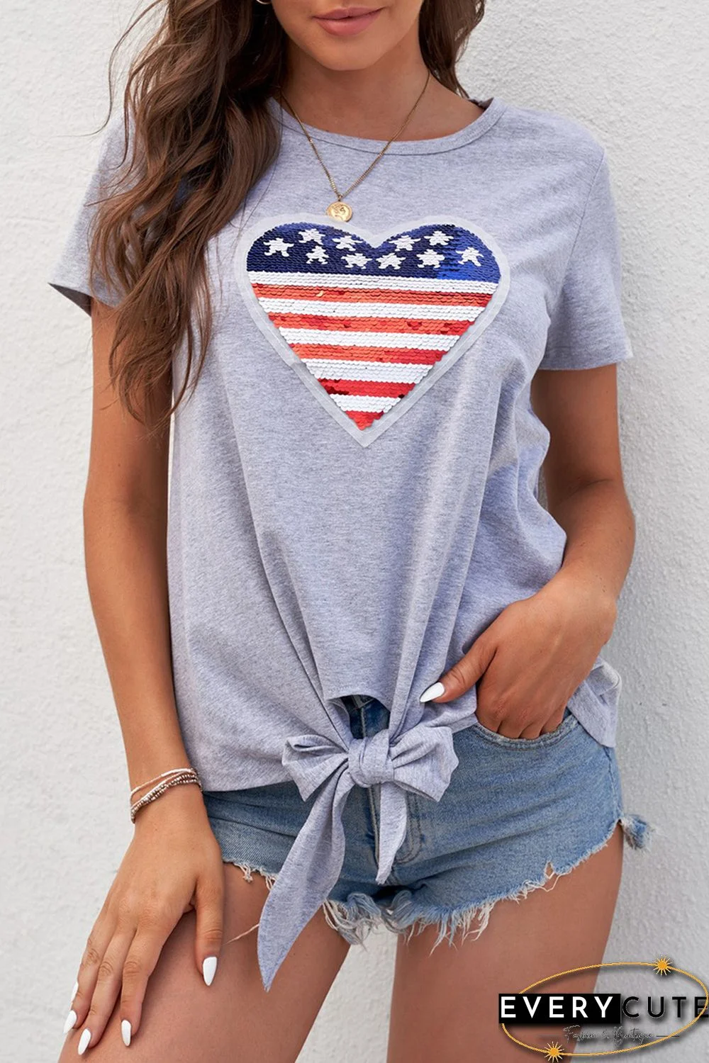 Mommy Patriotic Flag Sequin Heart Applique Knot Top