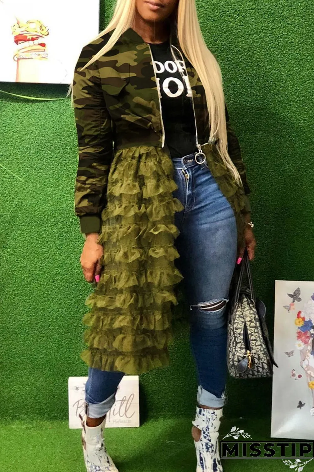 Green O Neck Patchwork Print Camouflage Print Long Sleeve