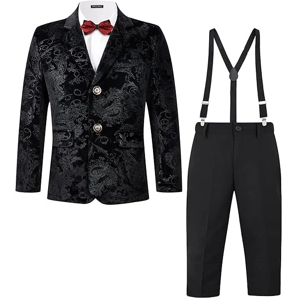 MAGE MALE Boys 3 Pieces Suit Colour Jacquard Slim Fit Jacket Pants Set for Wedding Prom Party Tuxedo with Kids Suspenders