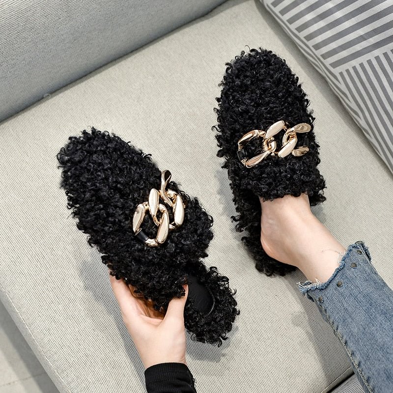2021 New Winter Warm Plush Women's Outdoor Slippers Metal flats fashion design large size 41-44 Muller shoes free shipping
