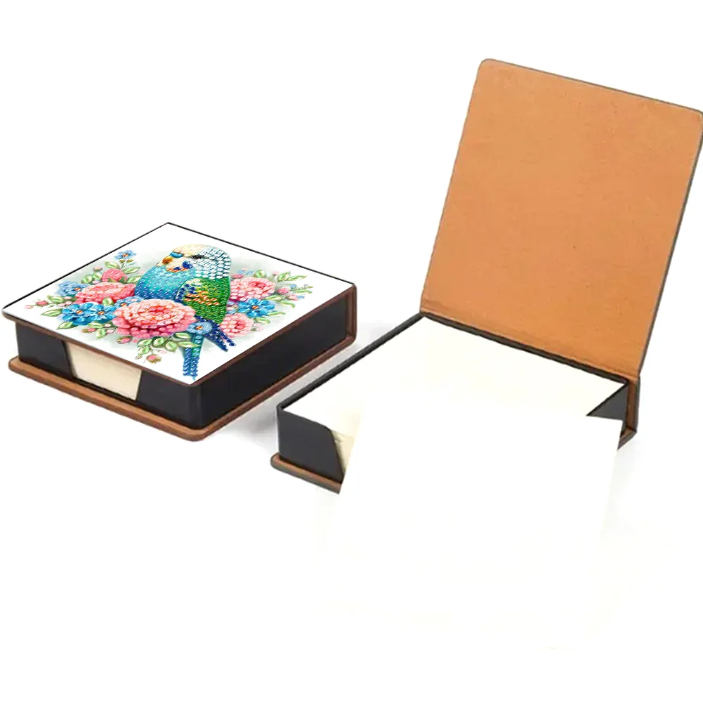 DIY Flower Parrot Leather Diamond Art Note Box with 160 Sheets of Paper for Beginners