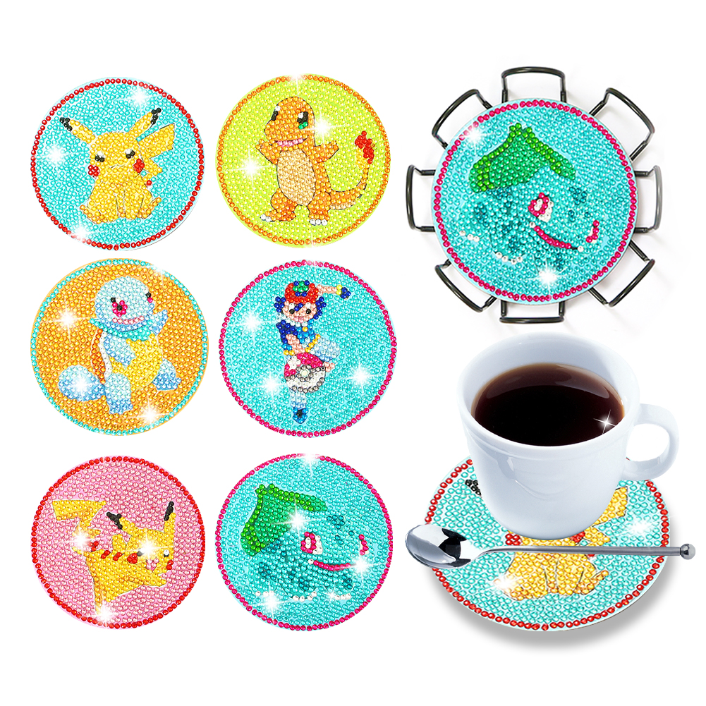 6pcs DIY Diamonds Painting Coaster Cartoon Pikachu Wooden for Kids Gifts (Y1107)