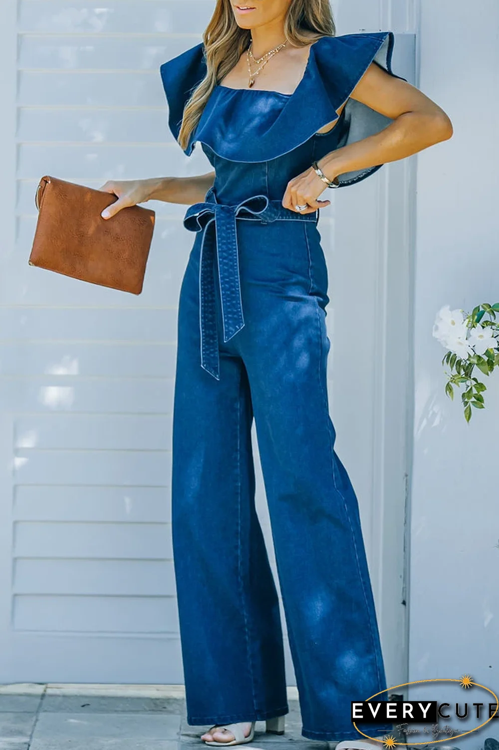 Off The Shoulder Denim Jumpsuit(Presale)