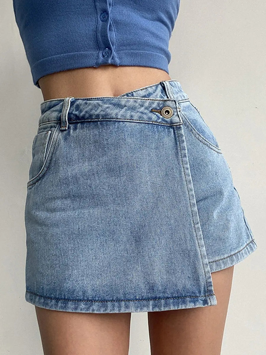 Asymmetrical High-Waisted A-line Denim Shorts