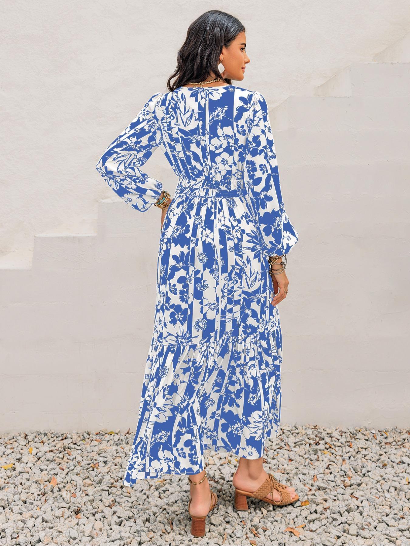 Women's Boho Floral Print Lantern Sleeve Dress with Fitted Waist Adjustable Tie Design, Comfortable Casual Long Sleeve Dress for Fall & Winter, Bohemian, Womenswear
