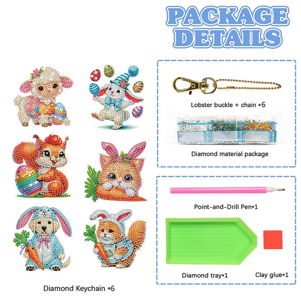 6Pcs Double Sided Special Shape Easter Animals Diamond Painting Art Keyring