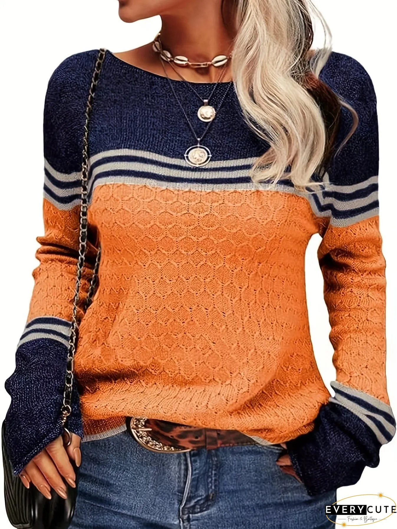 Casual Stylish Boat Neck Color Block Long Sleeve Sweater
