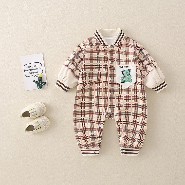 Baby Boy/Girl Gingham Bear Graphic Pocket Patch Long Sleeve Romper