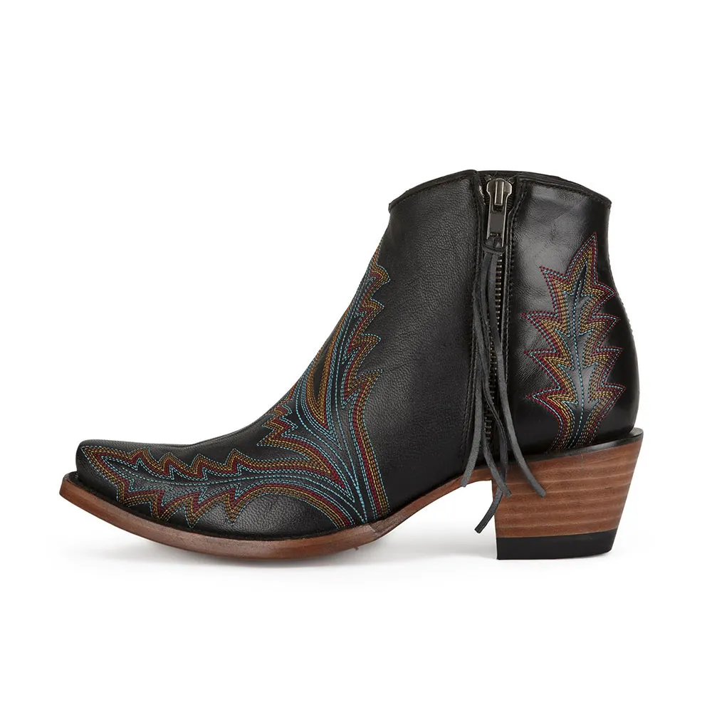 Black Snip Toe Embroidered Stacked Heel Zipper Western Boots for Women