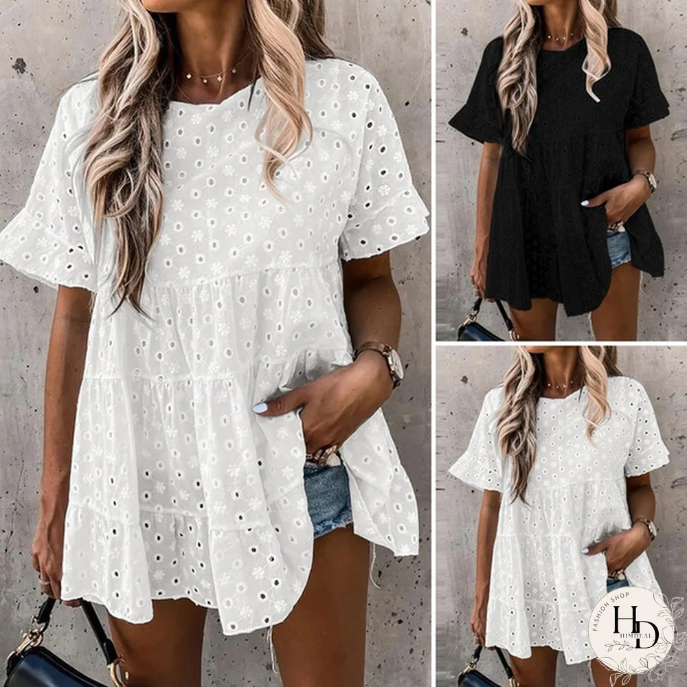 Women Casual Lace Patchwork Holiday Long Tunic Tops Baggy Cotton Shirt Sleeve T Shirt Blouse