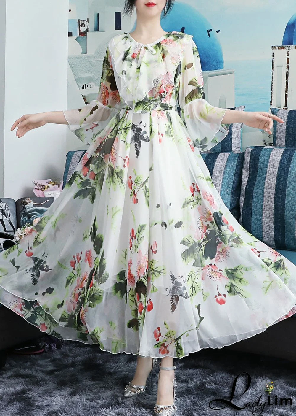 Chic White O-Neck Bow Print Ruffled Chiffon Long Beach Dresses Long Sleeve