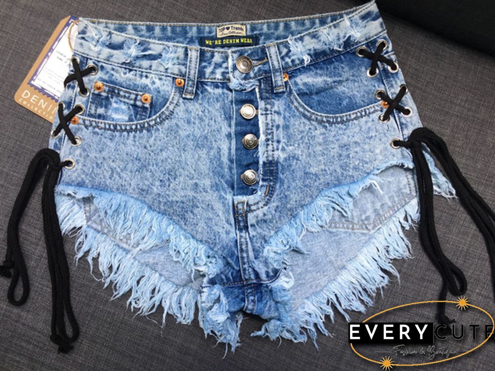 Womens Jean Shorts High Waisted Frayed Ripped Denim Short Jeans Size Lace up Shorts Plus Size
