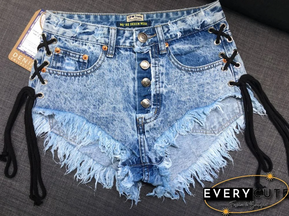Womens Jean Shorts High Waisted Frayed Ripped Denim Short Jeans Size Lace up Shorts Plus Size