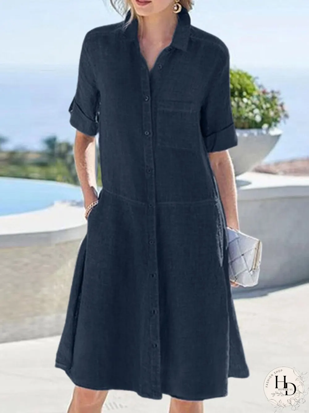 Women Solid Lapel Button Up Shirt Dress With Sleeve Tabs