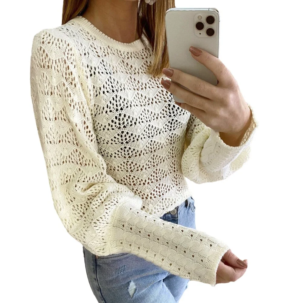 Autumn Winter Women Knitted Sweater Round Neck Jacquard Loose Hollow Out Pullovers Warm Elegant Solid Lantern Sleeve Female Tops