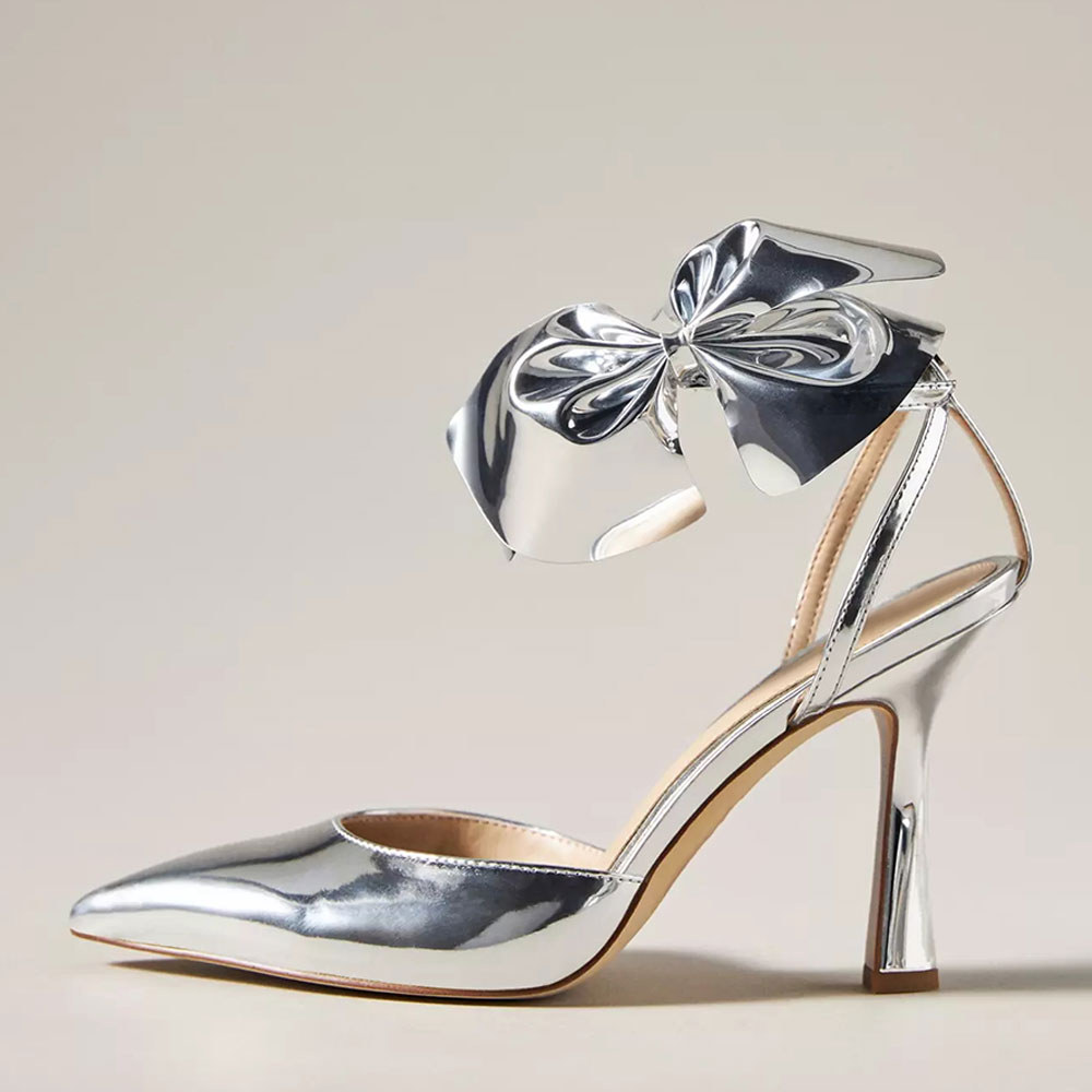 Silver Metallic Pointed Toe Stiletto Heel Ankle Strap Pumps with Bow Nicepairs