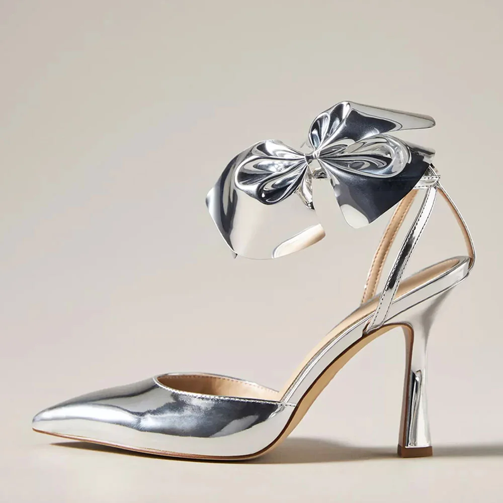 Silver Metallic Vegan Leather Pointed Toe Bow Inlay Ankle Strappy Pumps With Stiletto Heels Nicepairs