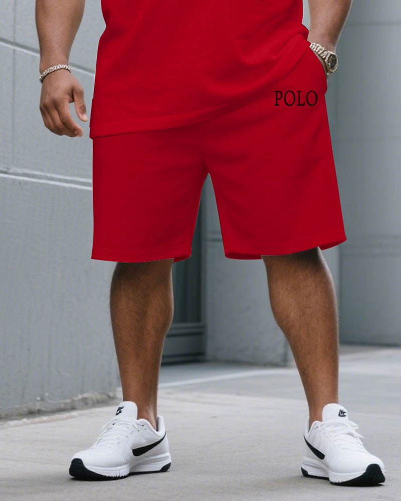 Men's Plus Size Fashion Contrast Blue & Red Large Polo Print Round Neck Short Sleeve T-Shirt Shorts Suit