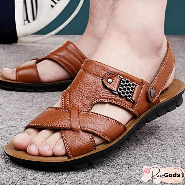 Men's Genuine Leather Casual Non-Slip Sandals Beach Slippers Shoes