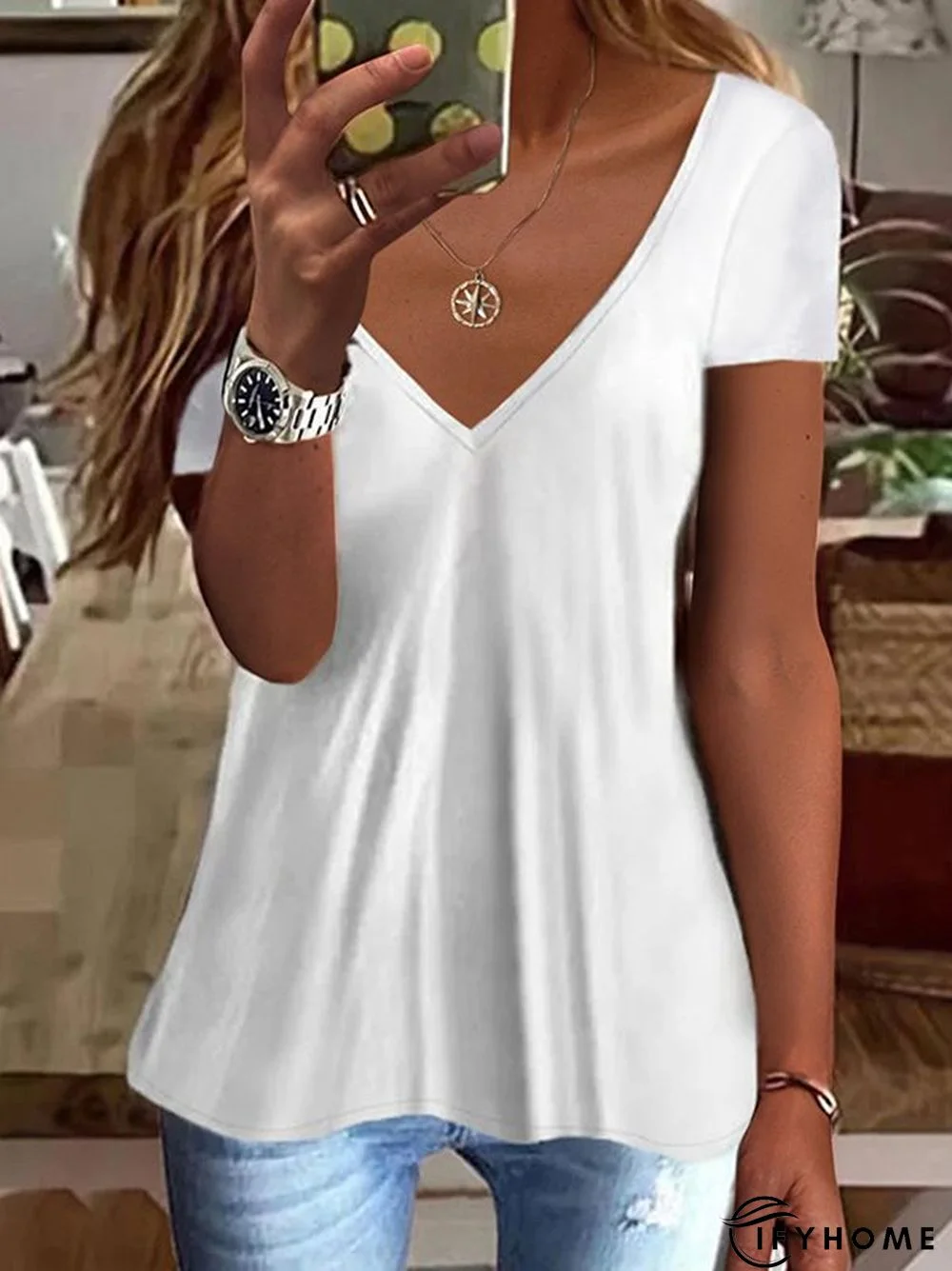 Women's White V neck Plain Cotton Blend Short Sleeve Casual Tunic T-Shirt | IFYHOME