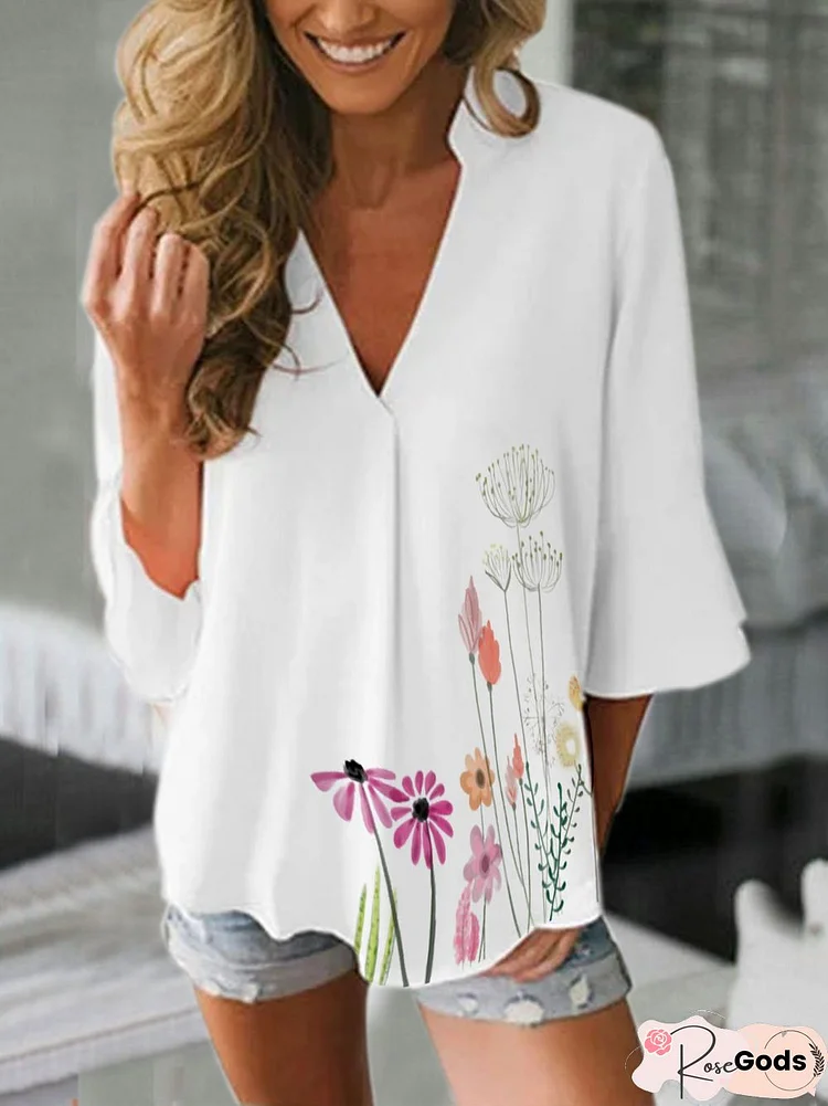 Plus Size V Neck 3/4 Sleeve Floral Shirt