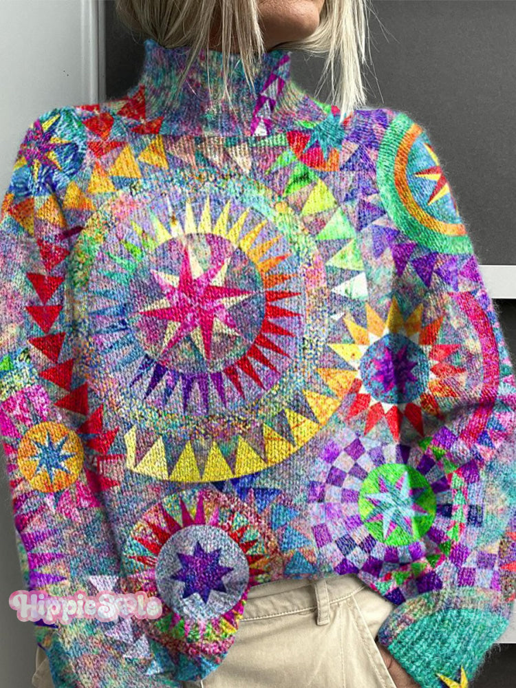 Colorful Ethnic Style Vintage Print Knit Turtleneck Pullover Sweater Multicolor / S