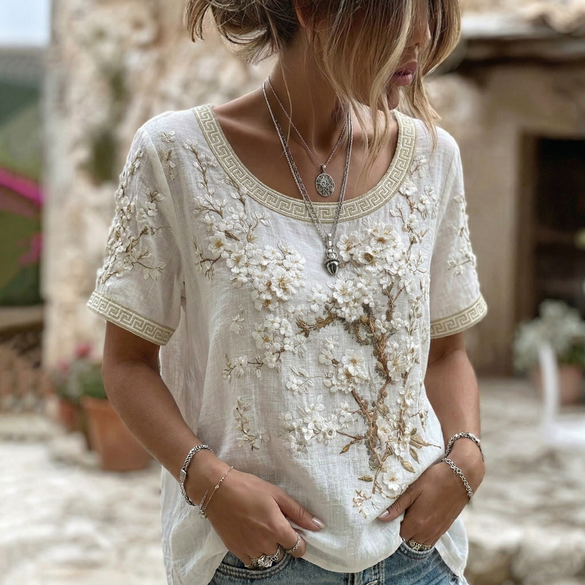 Women's Japanese Cherry Blossom Art Crew Neck Short Sleeve T-shirt elevenforest