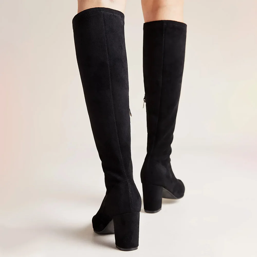 Black Stretch Vegan Suede Pointed Toe Zipper Knee High Boots for Women
