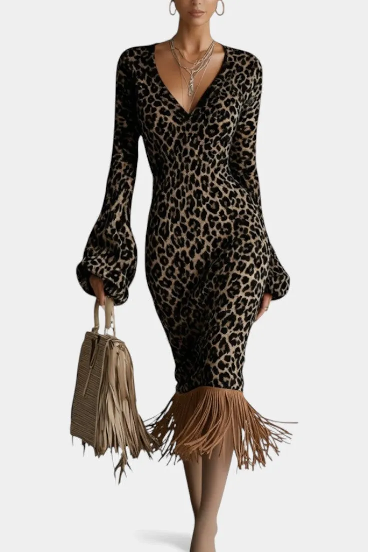 Leopard Print Midi Dress with Fringed Hem