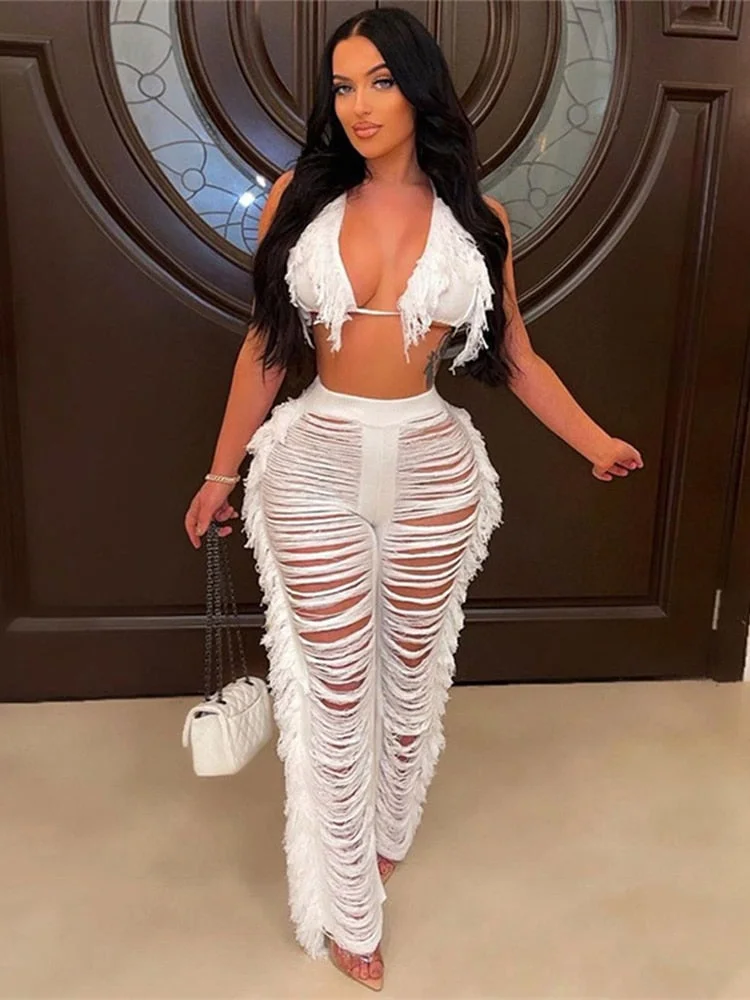 Jacuqeline Beach Sexy High Waist Y2K Wide Leg Pants Women Fashion Tassel Knit Sets Hollow Out Long Trousers And Tops 2022 Summer