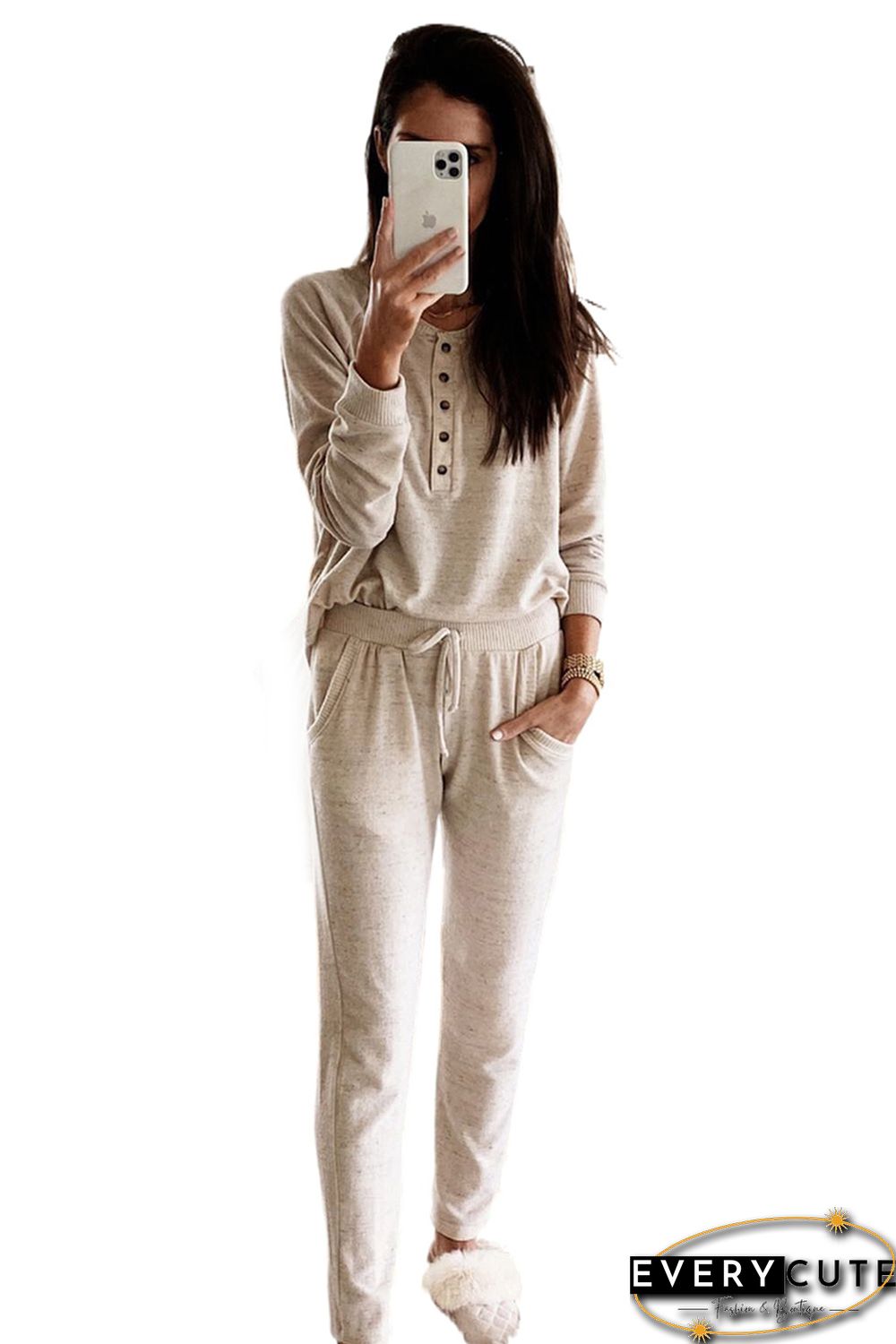 Apricot Long Sleeve Button Top and Drawstring Pants Set
