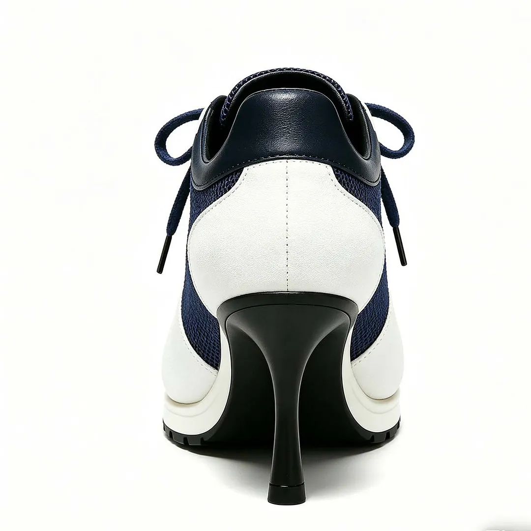 White and Navy Mesh Patchwork Sneaker Round Toe Lace Up Stiletto Shoes